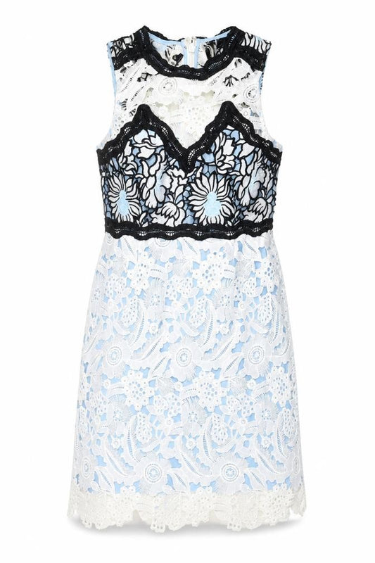 Front view of Topshop women’s blue geometric polyester shift, size UK 10, round neck zip