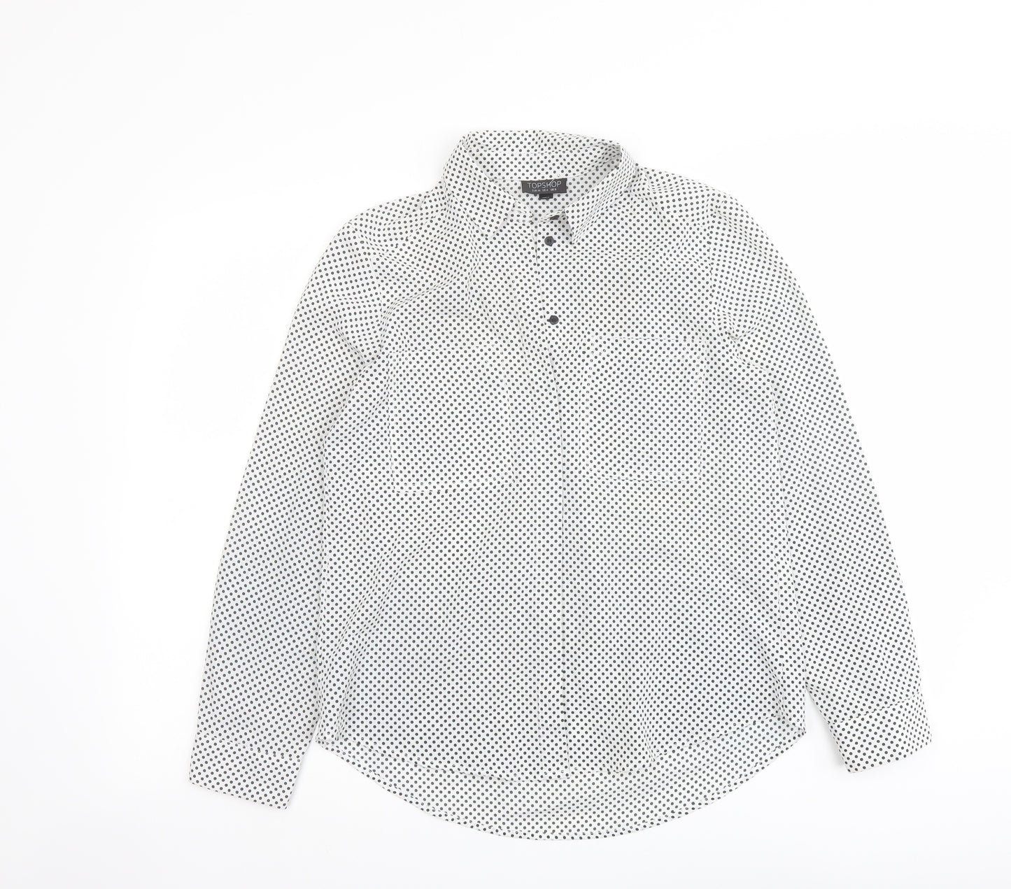 Topshop Womens White Polka Dot Polyester Basic Button-Up Size 8 Collared