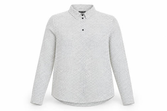 Front view of Topshop women’s white polka dot polyester basic button-up, size UK 8, collared