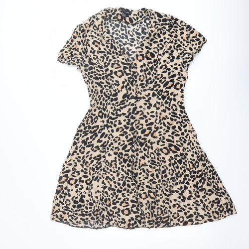 New Look Womens Beige Animal Print Viscose Shirt Dress Size 12 Collared Button - Leopard pattern