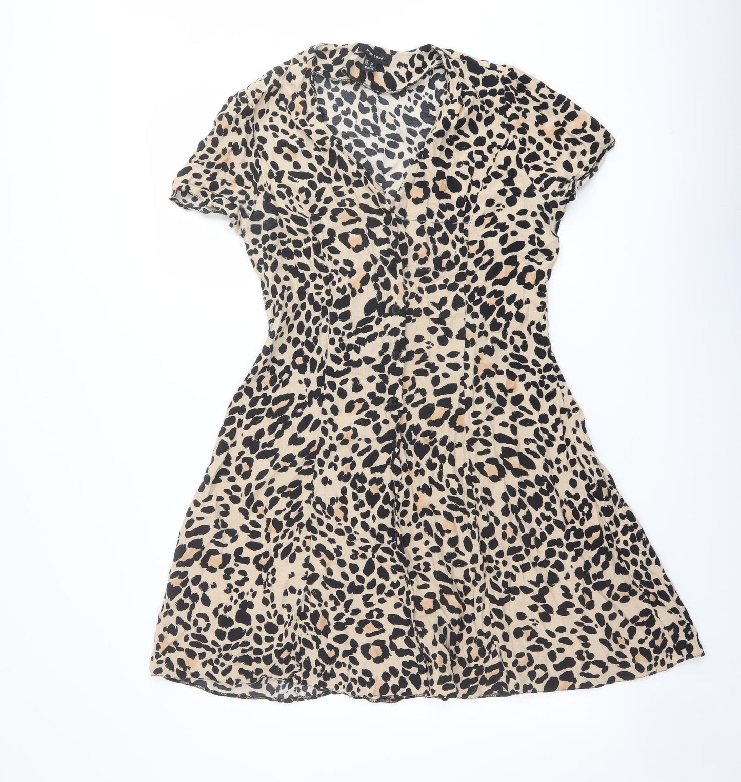 New Look Womens Beige Animal Print Viscose Shirt Dress Size 12 Collared Button - Leopard pattern
