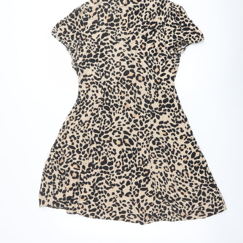 New Look Womens Beige Animal Print Viscose Shirt Dress Size 12 Collared Button - Leopard pattern