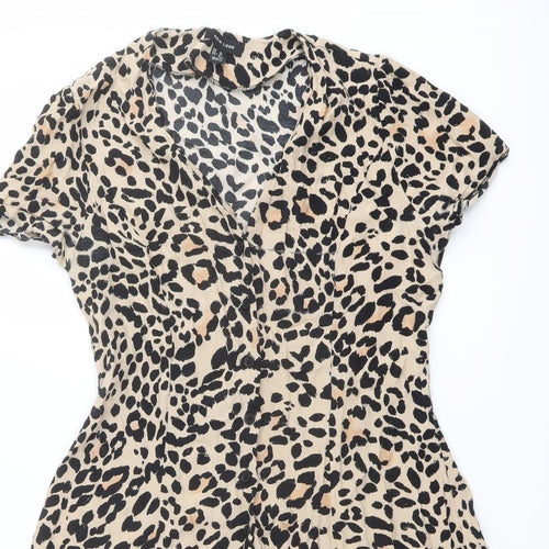 New Look Womens Beige Animal Print Viscose Shirt Dress Size 12 Collared Button - Leopard pattern