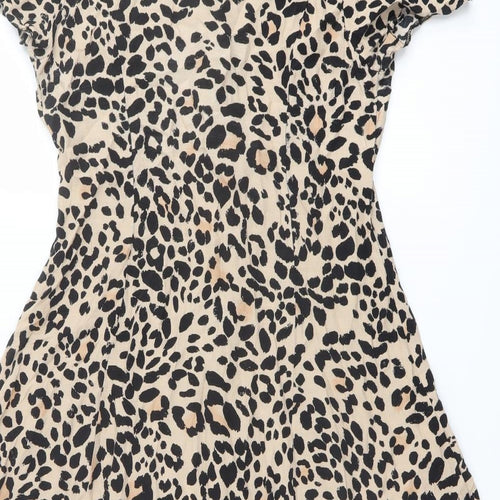 New Look Womens Beige Animal Print Viscose Shirt Dress Size 12 Collared Button - Leopard pattern