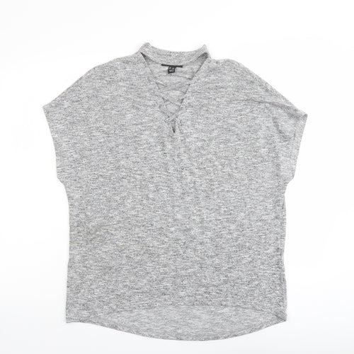 New Look Womens Grey Polyester Basic Blouse Size S Mock Neck - Lace Up Detail