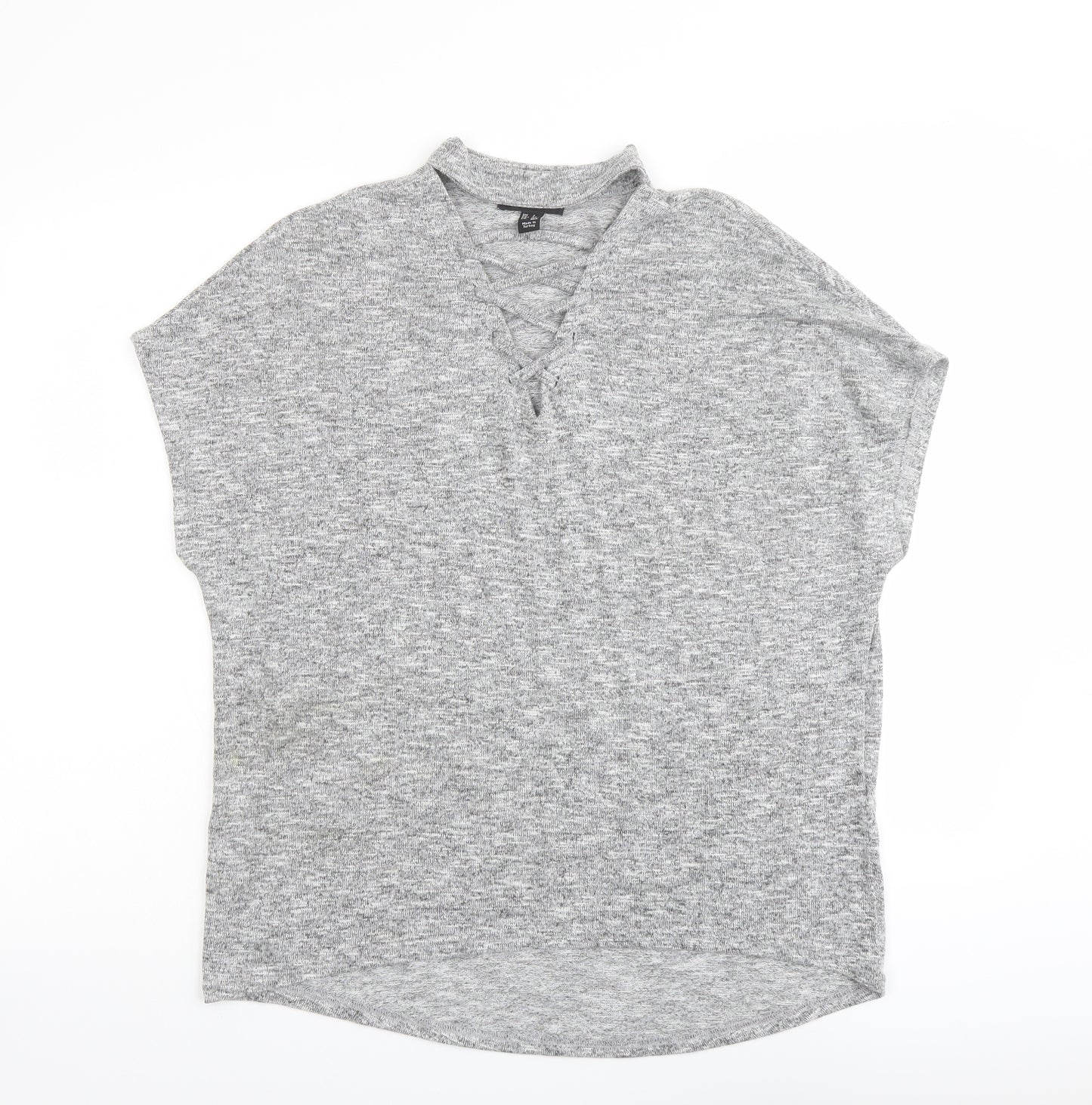 New Look Womens Grey Polyester Basic Blouse Size S Mock Neck - Lace Up Detail