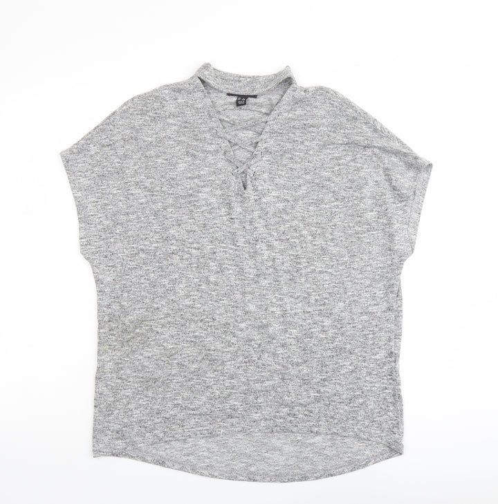 New Look Womens Grey Polyester Basic Blouse Size S Mock Neck - Lace Up Detail