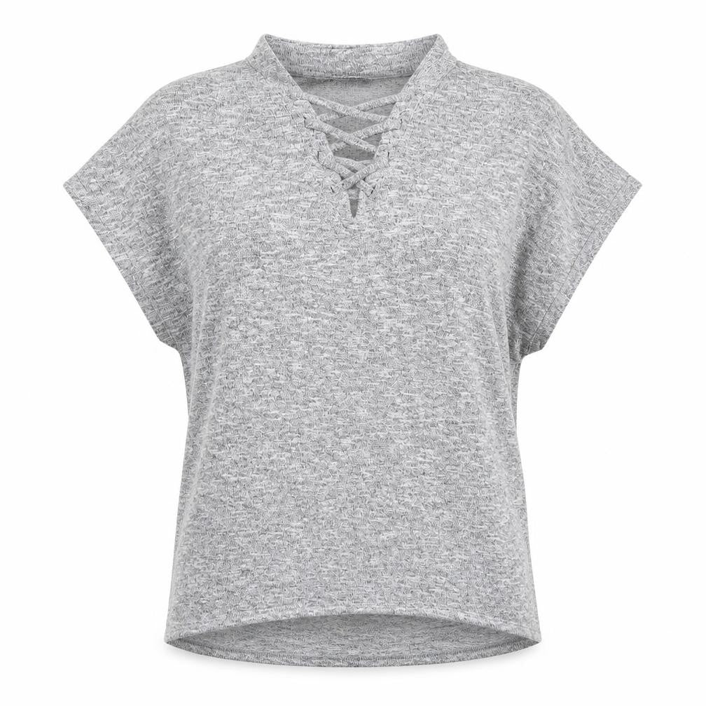Front view of New Look women’s grey polyester basic blouse, size S, mock neck - lace up detail