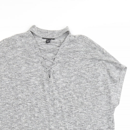 New Look Womens Grey Polyester Basic Blouse Size S Mock Neck - Lace Up Detail