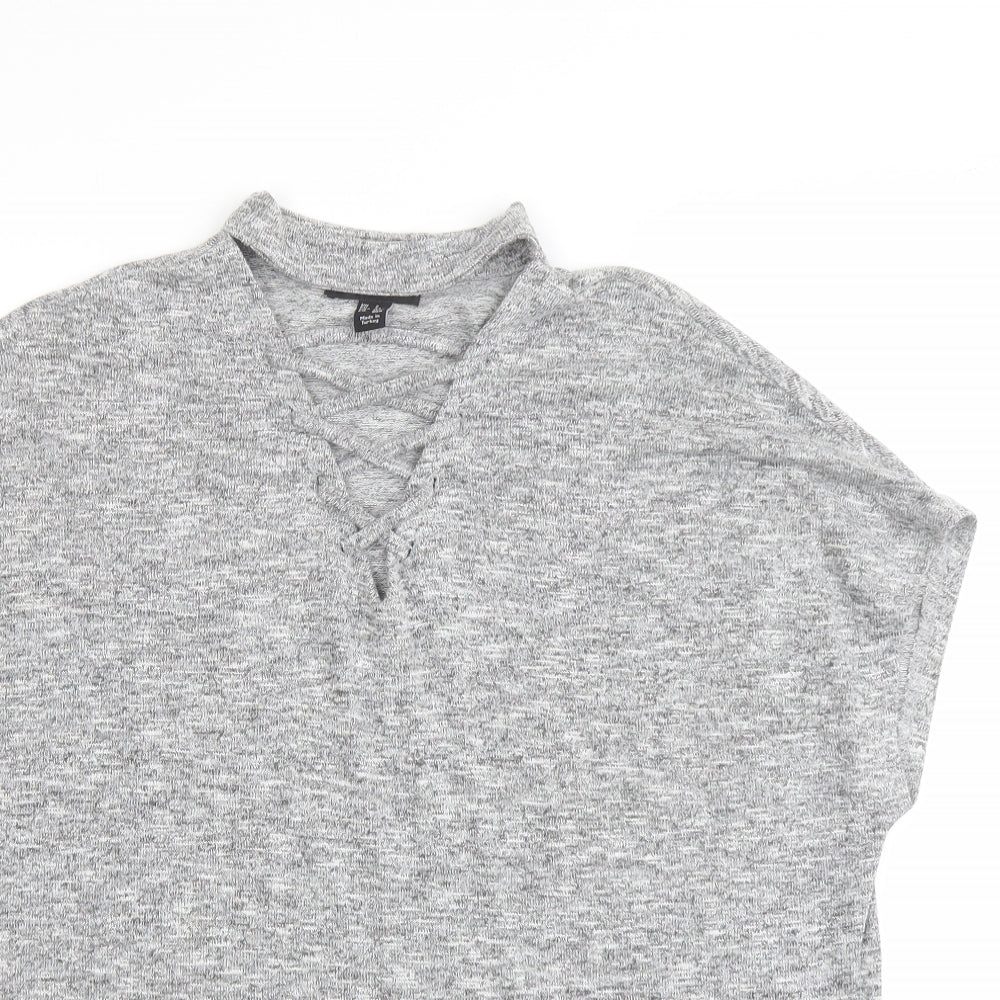 New Look Womens Grey Polyester Basic Blouse Size S Mock Neck - Lace Up Detail