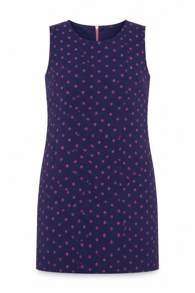 Front view of Adrienne Vittadini women’s blue polka dot polyester shift, size UK 8, round neck zip