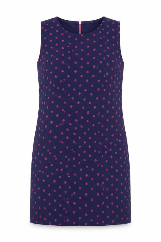 Front view of Adrienne Vittadini women’s blue polka dot polyester shift, size UK 8, round neck zip