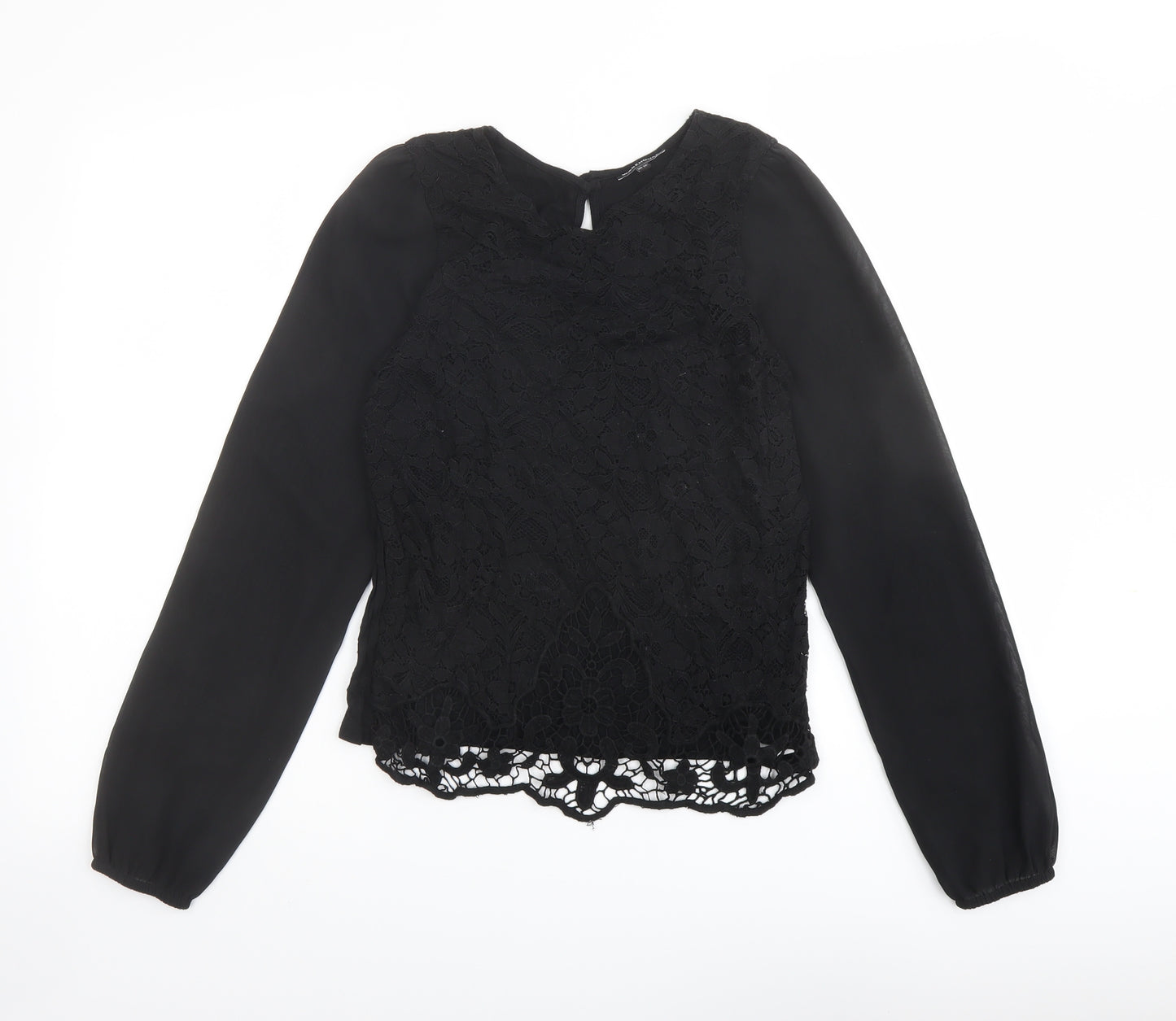Warehouse Womens Black Viscose Basic Blouse Size 10 Round Neck - Lace Front