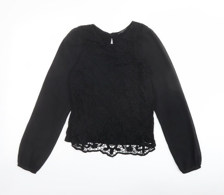 Warehouse Womens Black Viscose Basic Blouse Size 10 Round Neck - Lace Front