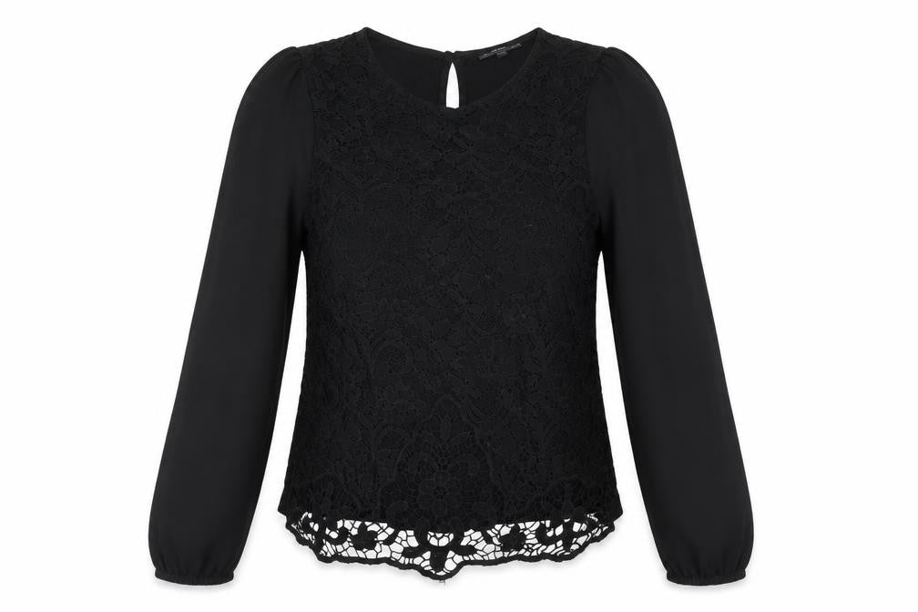 Front view of Warehouse women’s black viscose basic blouse, size UK 10, round neck - lace front