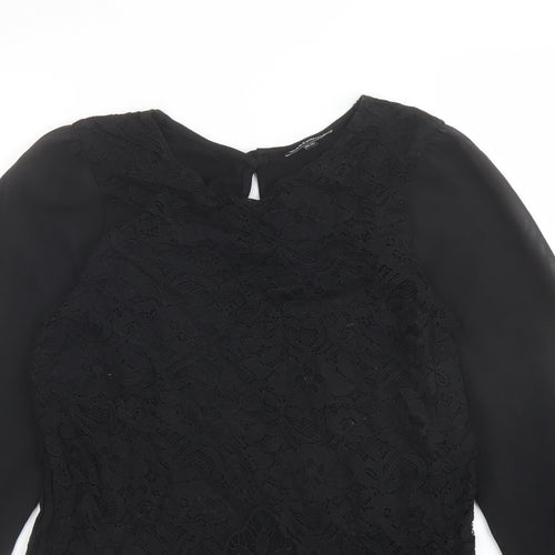 Warehouse Womens Black Viscose Basic Blouse Size 10 Round Neck - Lace Front