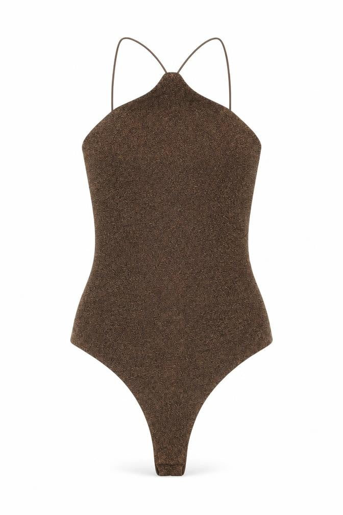 Front view of H&M women’s brown polyester bodysuit one-piece, size S, snap