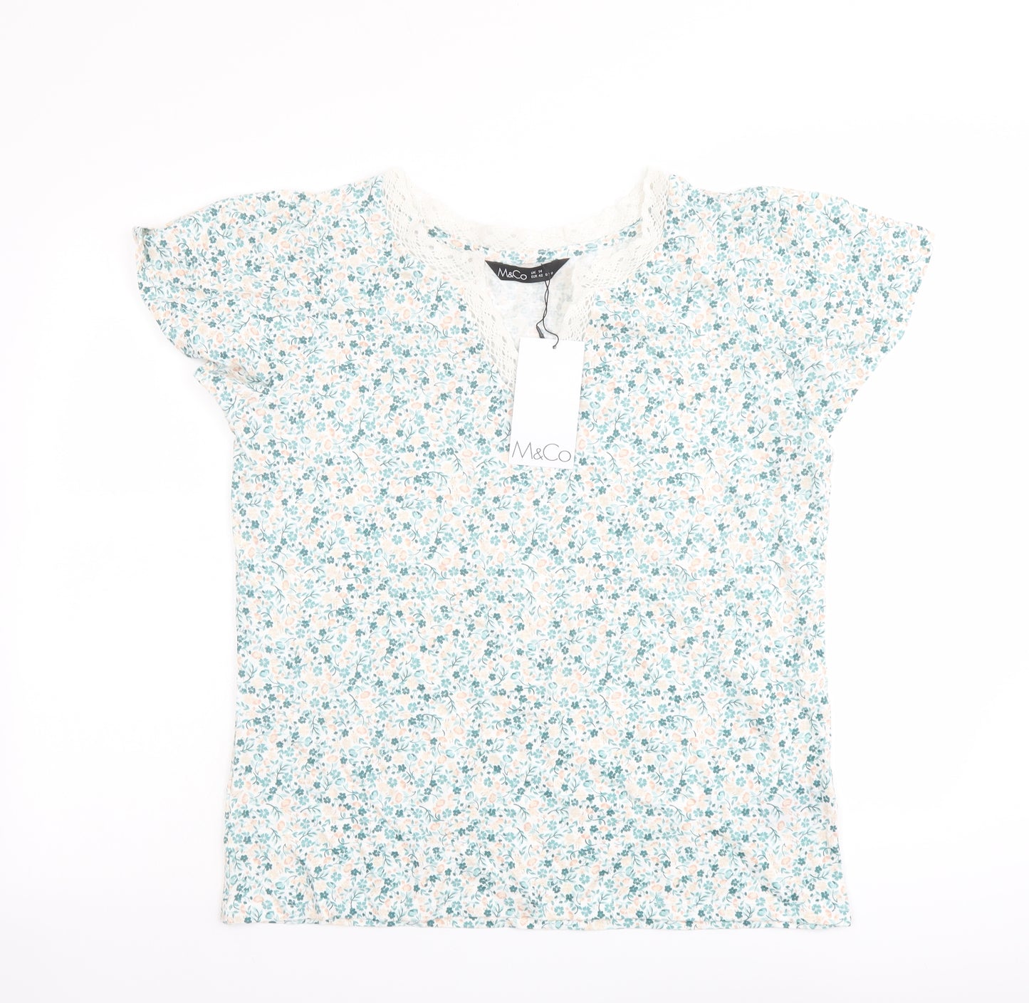M&Co Womens Green Floral Cotton Basic T-Shirt Size 14 V-Neck