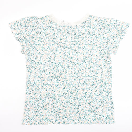M&Co Womens Green Floral Cotton Basic T-Shirt Size 14 V-Neck