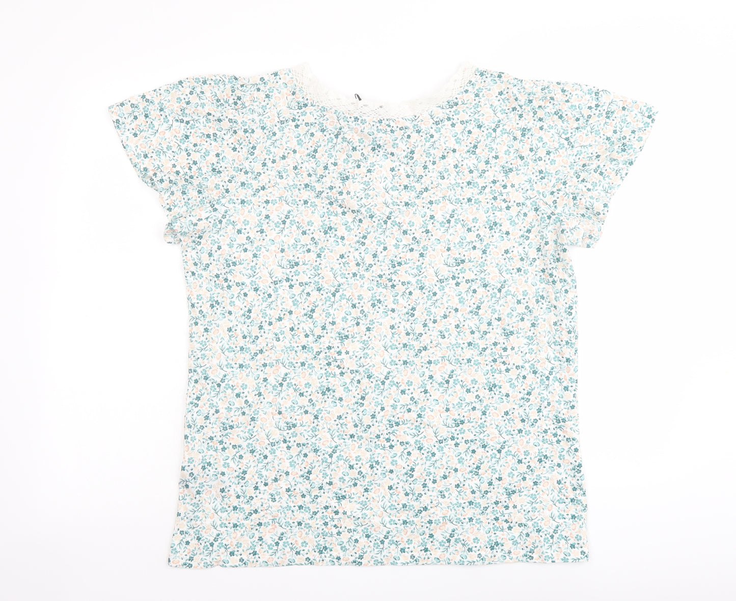 M&Co Womens Green Floral Cotton Basic T-Shirt Size 14 V-Neck