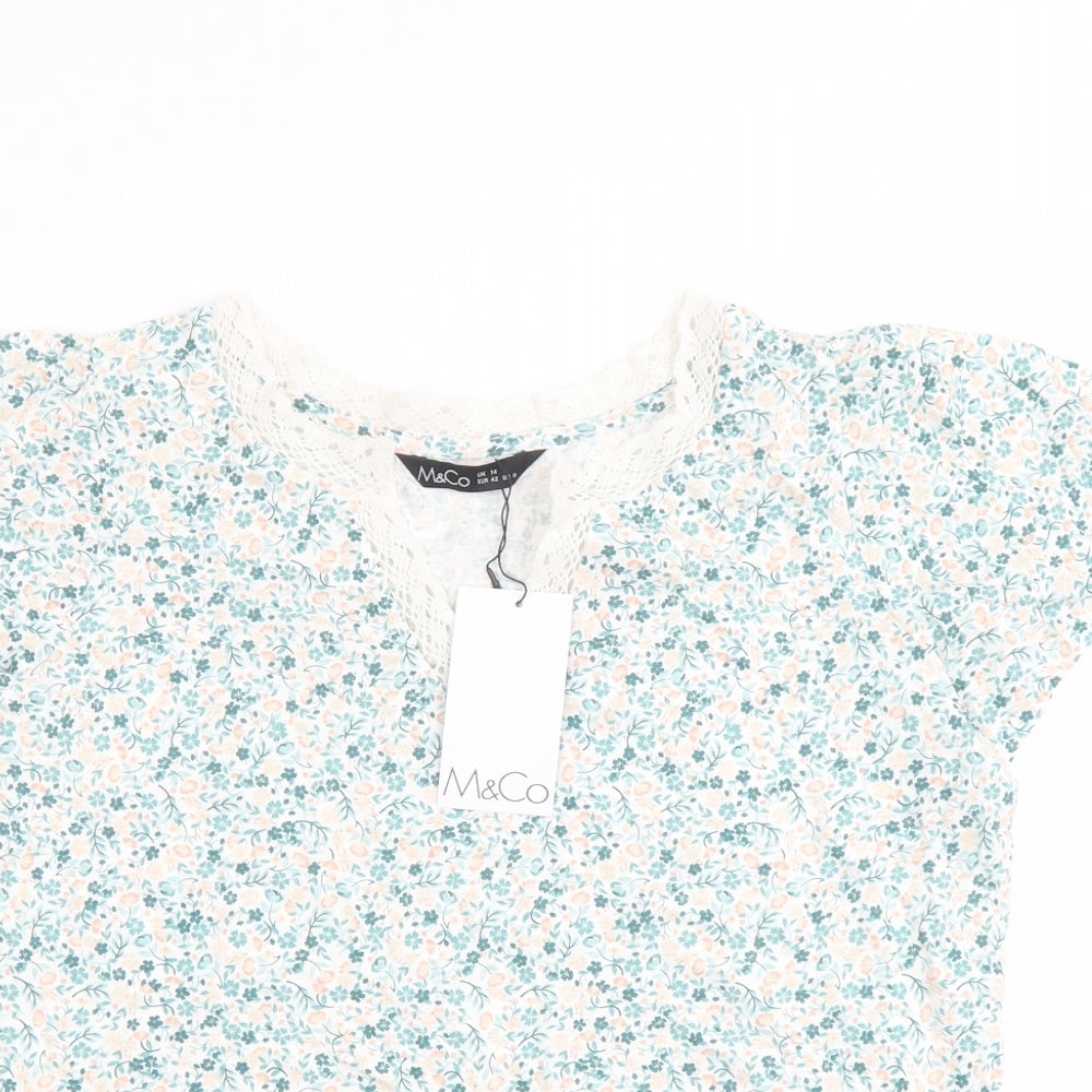 M&Co Womens Green Floral Cotton Basic T-Shirt Size 14 V-Neck