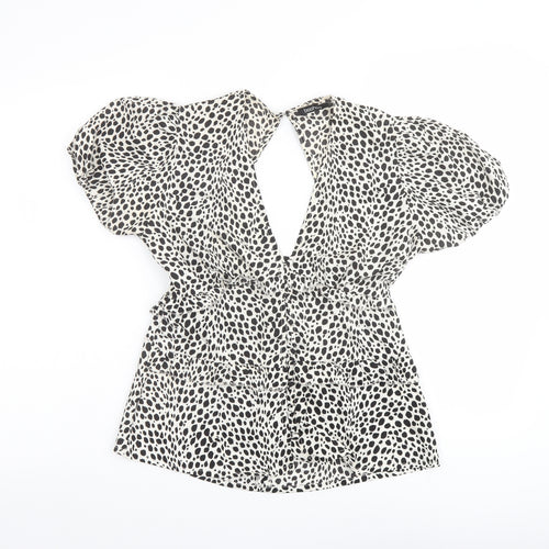 Boohoo Womens Beige Animal Print Polyester Basic Blouse Size 6 V-Neck