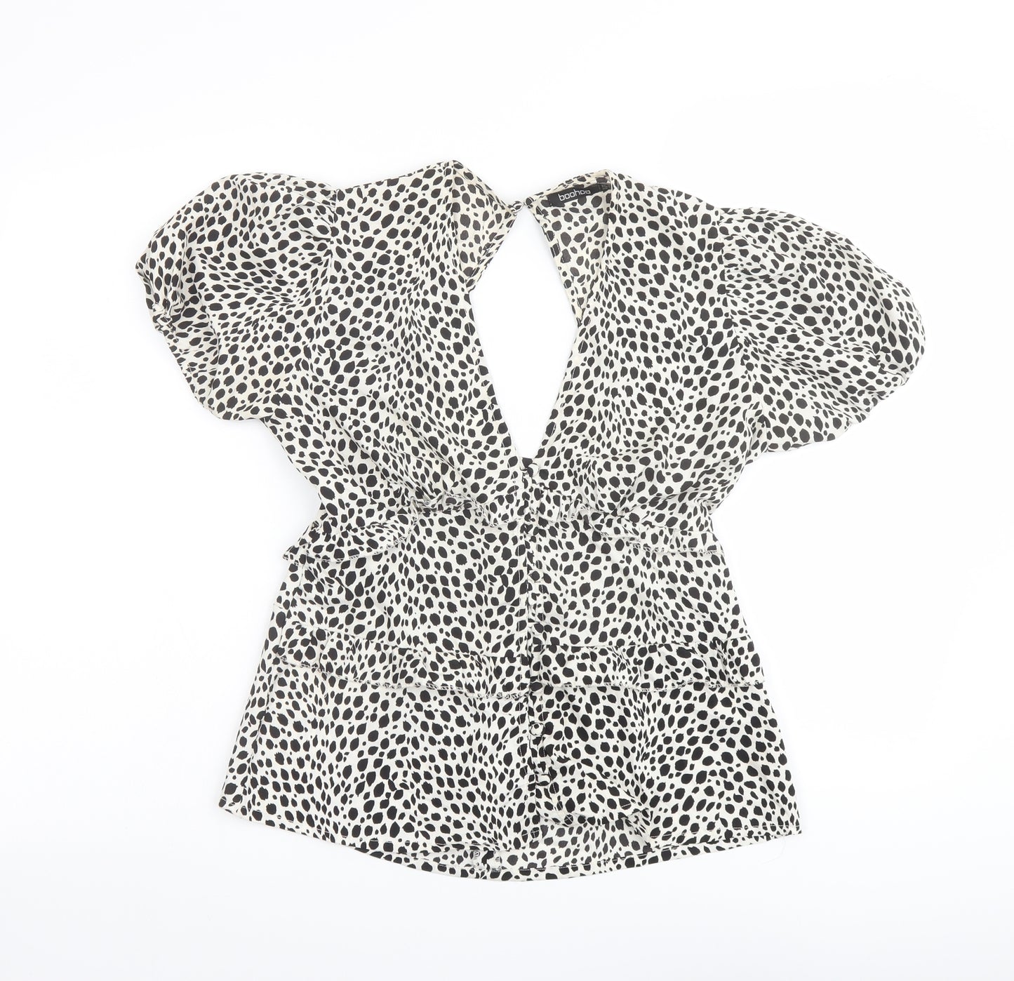 Boohoo Womens Beige Animal Print Polyester Basic Blouse Size 6 V-Neck