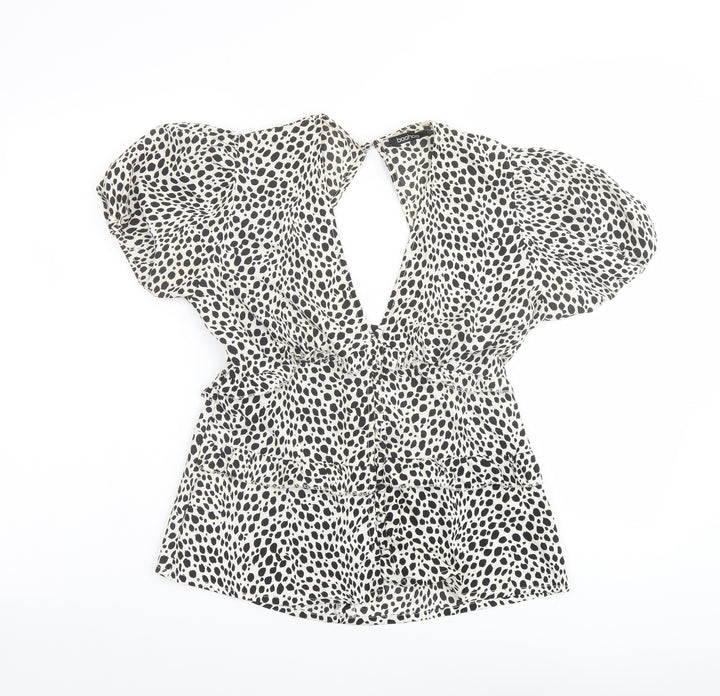 Boohoo Womens Beige Animal Print Polyester Basic Blouse Size 6 V-Neck