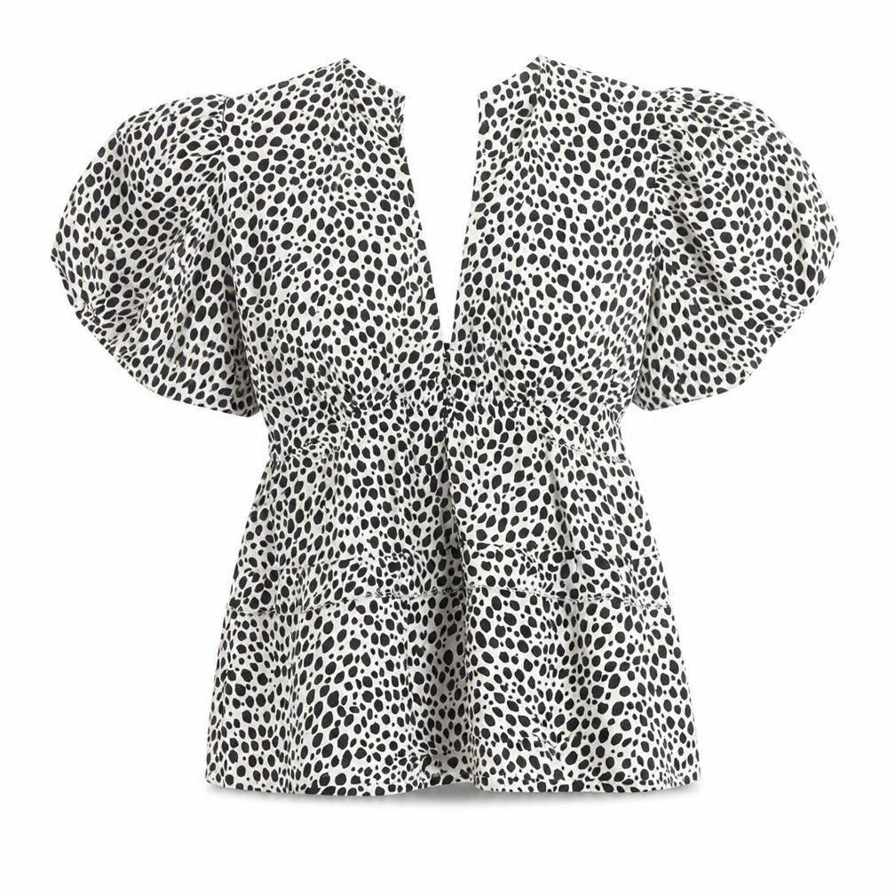 Front view of Boohoo women’s beige animal print polyester basic blouse, size UK 6, v-neck