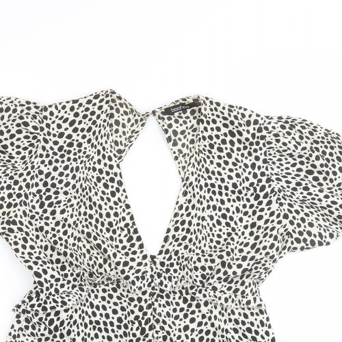 Boohoo Womens Beige Animal Print Polyester Basic Blouse Size 6 V-Neck