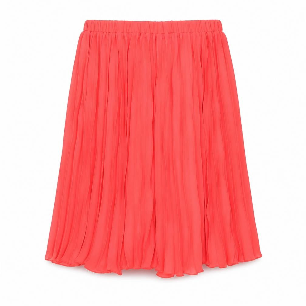 Front view of Créaline women’s red polyester pleated skirt, size UK 16