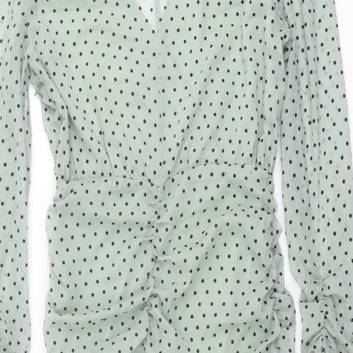 Nasty Gal Womens Green Polka Dot Polyester Bodycon Size M V-Neck Zip