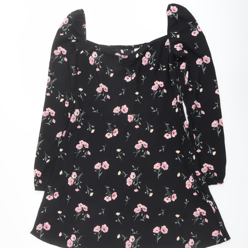 H&M Womens Black Floral Polyester A-Line Size 12 Round Neck Zip