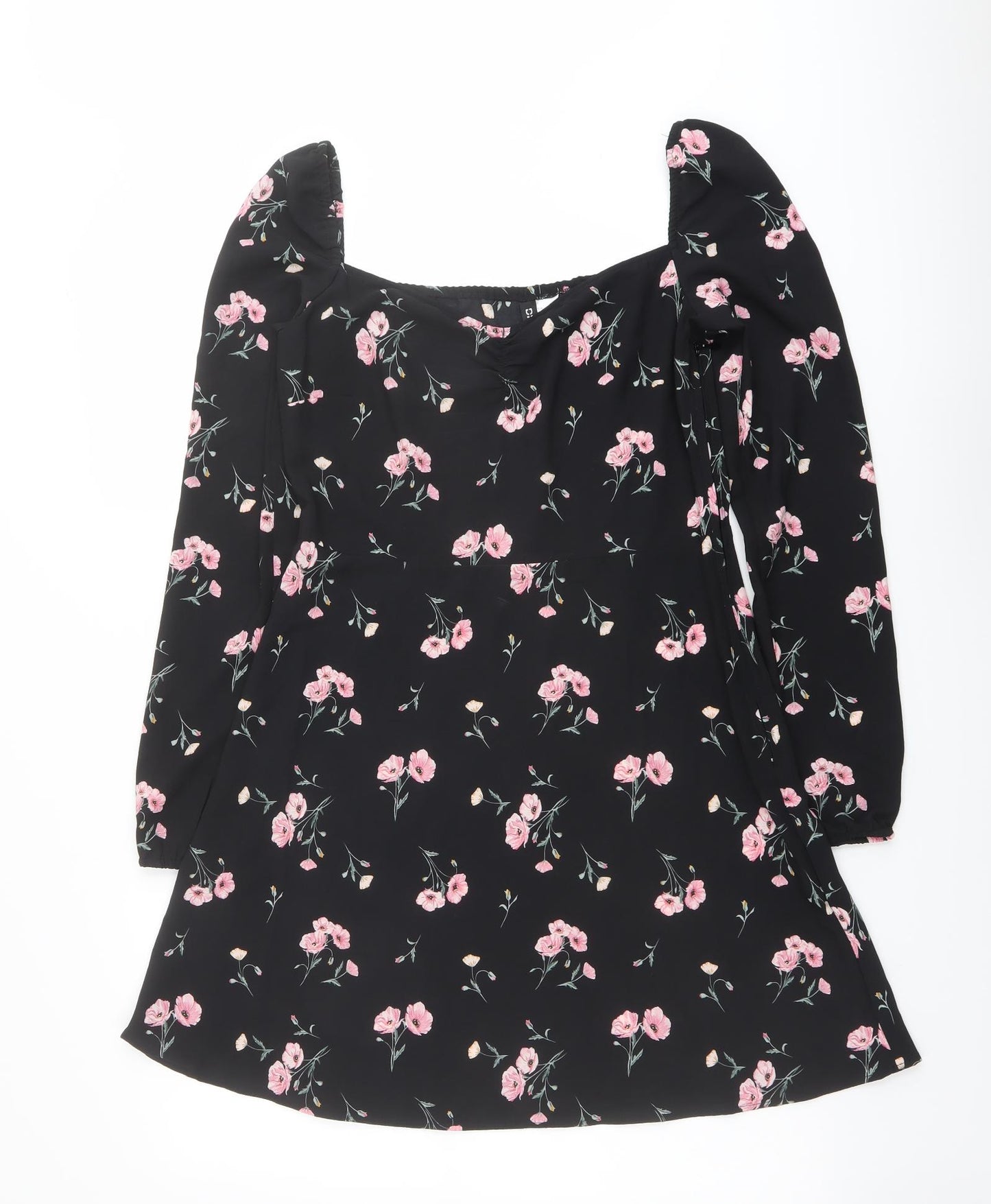 H&M Womens Black Floral Polyester A-Line Size 12 Round Neck Zip