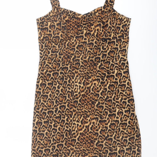 Zara Womens Brown Animal Print Cotton Bodycon Size M V-Neck Zip - Leopard pattern