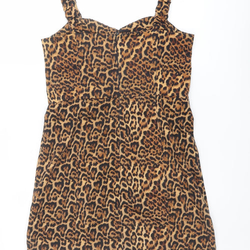 Zara Womens Brown Animal Print Cotton Bodycon Size M V-Neck Zip - Leopard pattern