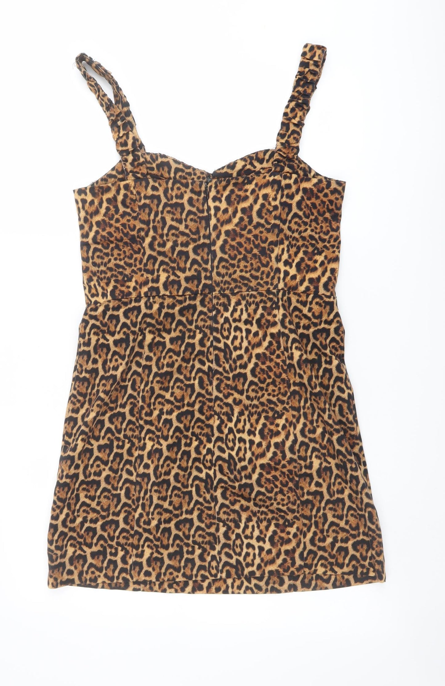 Zara Womens Brown Animal Print Cotton Bodycon Size M V-Neck Zip - Leopard pattern