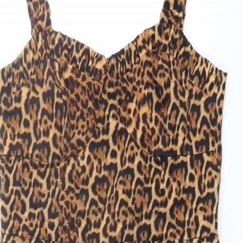 Zara Womens Brown Animal Print Cotton Bodycon Size M V-Neck Zip - Leopard pattern