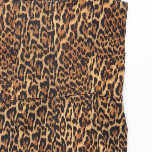 Zara Womens Brown Animal Print Cotton Bodycon Size M V-Neck Zip - Leopard pattern