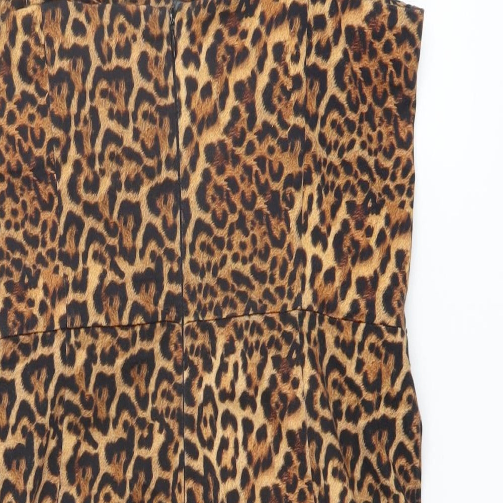 Zara Womens Brown Animal Print Cotton Bodycon Size M V-Neck Zip - Leopard pattern