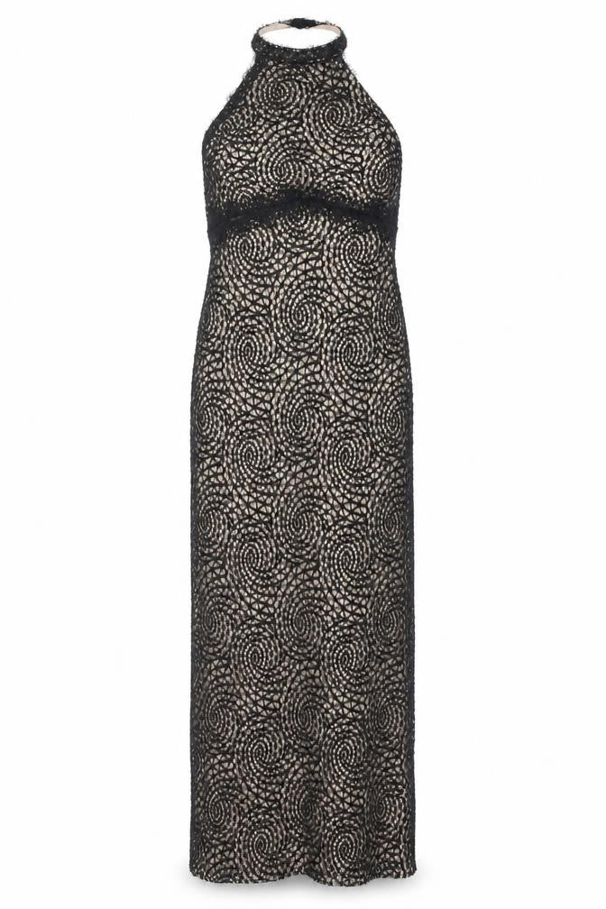 Front view of Lipsy women’s black geometric polyester maxi, size UK 10, halter zip