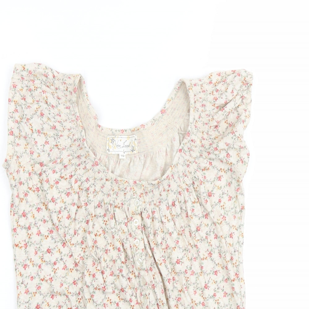 New Look Womens Beige Floral Cotton Basic Tank Size 10 Round Neck