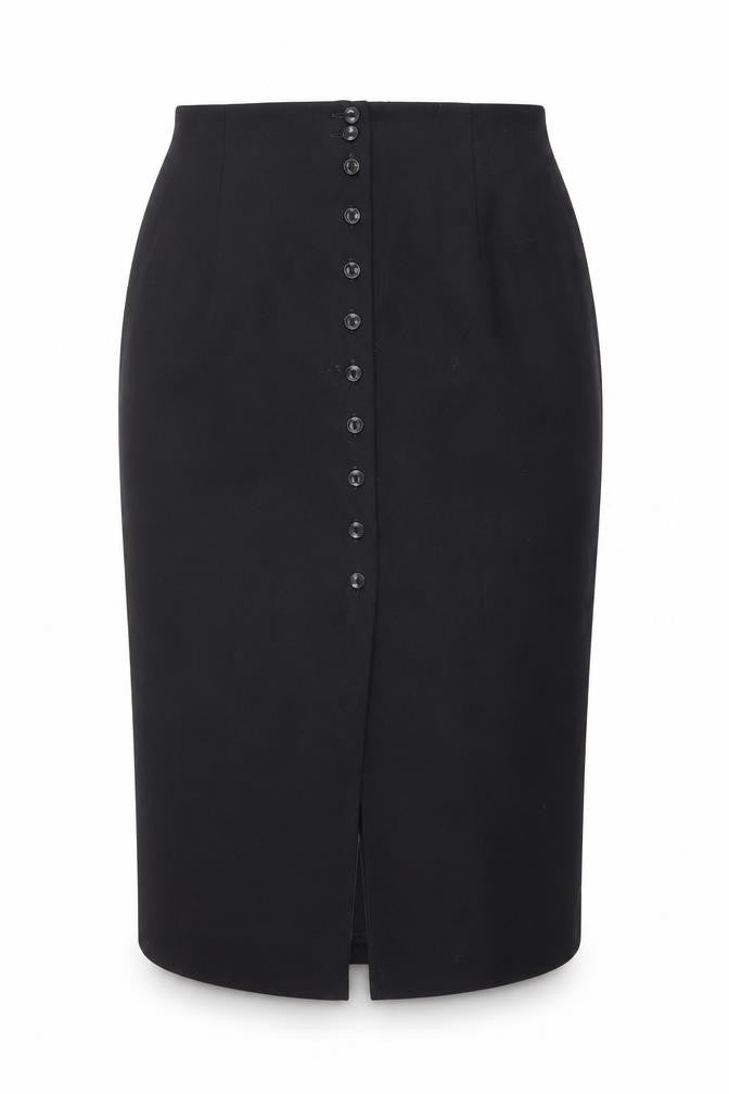Front view of Marks & Spencer women’s blue polyester straight & pencil skirt, size UK 12, button