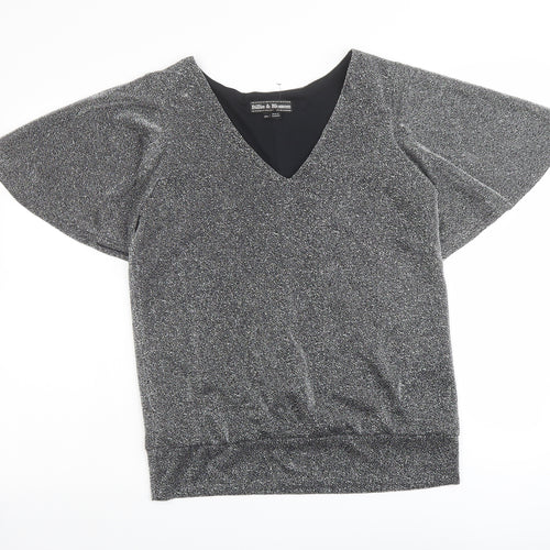 Billie & Blossom Womens Silver Geometric Polyester Basic Blouse Size 10 V-Neck