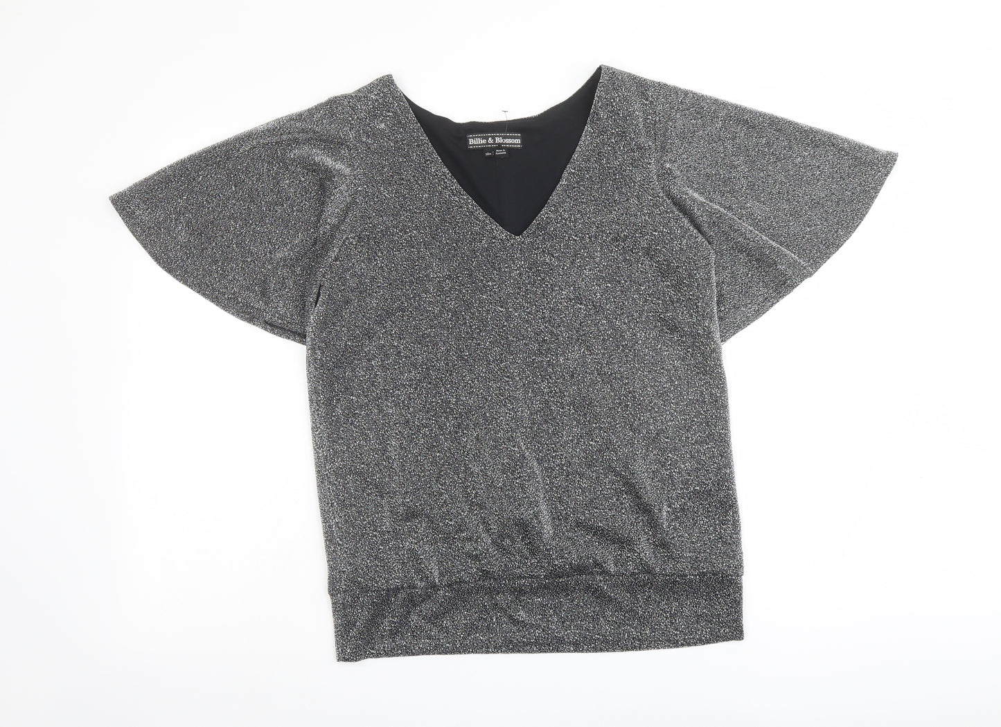 Billie & Blossom Womens Silver Geometric Polyester Basic Blouse Size 10 V-Neck