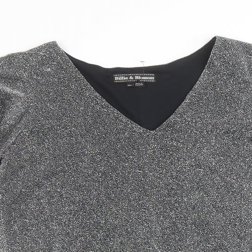 Billie & Blossom Womens Silver Geometric Polyester Basic Blouse Size 10 V-Neck