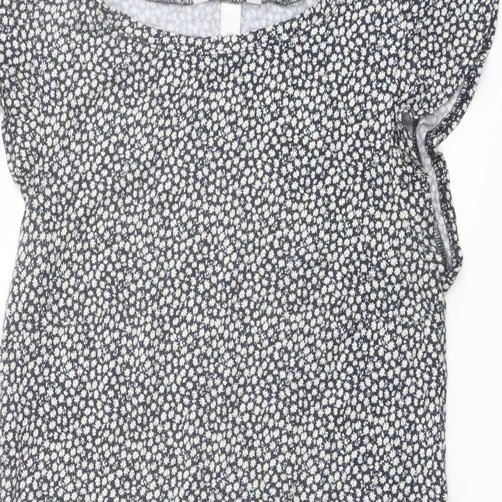 H&M Womens Blue Floral Viscose Basic Blouse Size S Round Neck