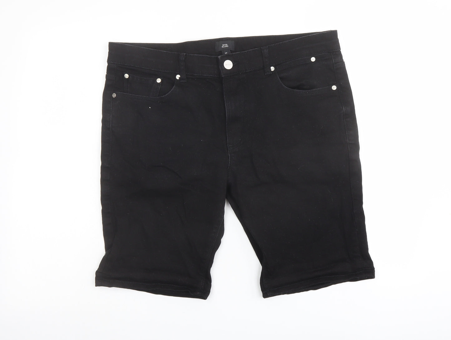 River Island Mens Black Cotton Biker Shorts Size 36 in L10 in Regular Button