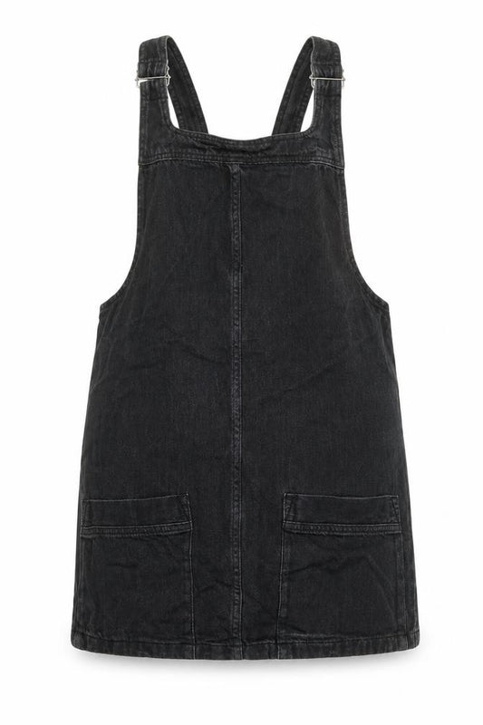 Front view of Topshop women’s grey cotton pinafore/dungaree dress, size UK 12, square neck pullover