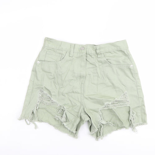Rebellious Womens Green Cotton Boyfriend Shorts Size 10 L4 in Regular Button - Distressed Look Raw Hems